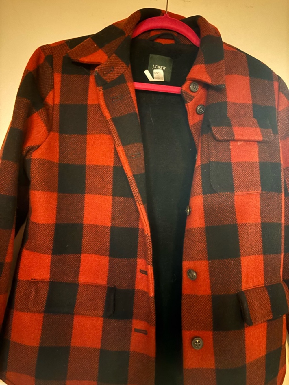 J. Crew Red and Black Buffalo Plaid Pea Coat